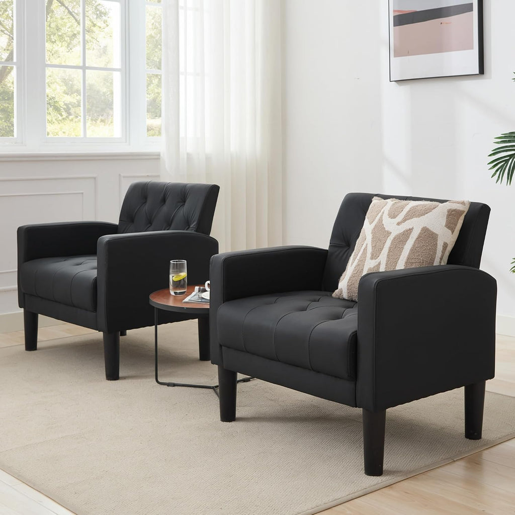 Black Leather Accent Chairs, Tufted M-C-M Chairs - Set of 2