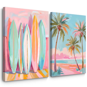 Pink Beach Wall Art Coastal Canvas Pictures Palm Tree Wall Decor Summer Surf Poster Pastel Ocean Painting Tropical
