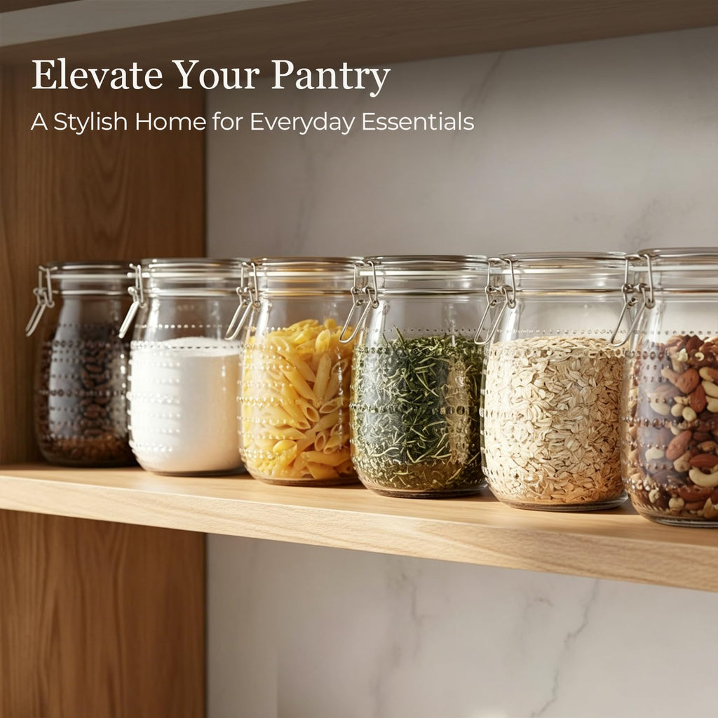 Glass Pantry Jars with Airtight Lids 34 oz 6 Pack Wide Mouth Hobnail
