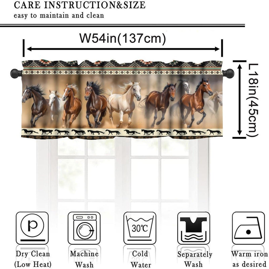 Aztec Horse Valance Curtains, Vintage Western Rustic Desert Navajo Horse Herd Running Window Short Panel Blackout