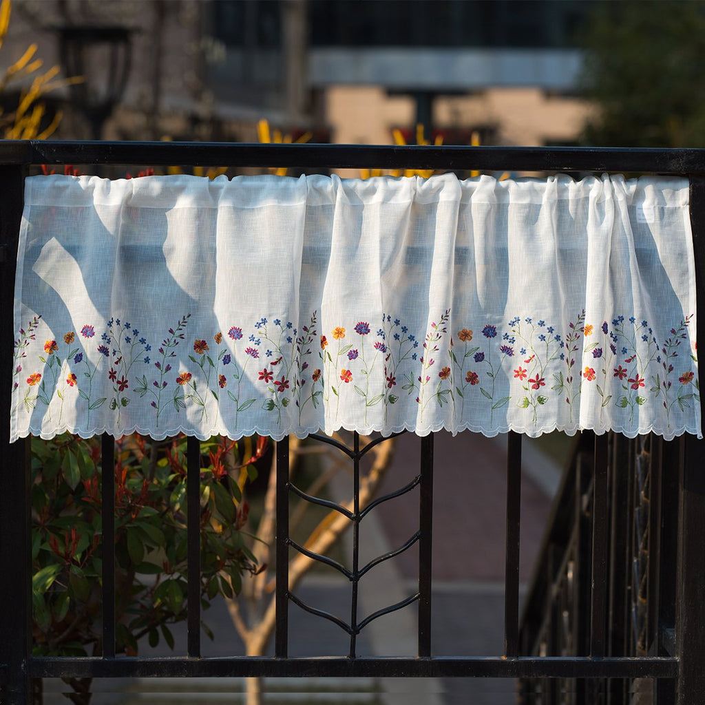 027 Floral Embroidery Pastoral Style Valance, White Sheer Flowers Valances, Window Treatment, W60XL18 inch (Wild
