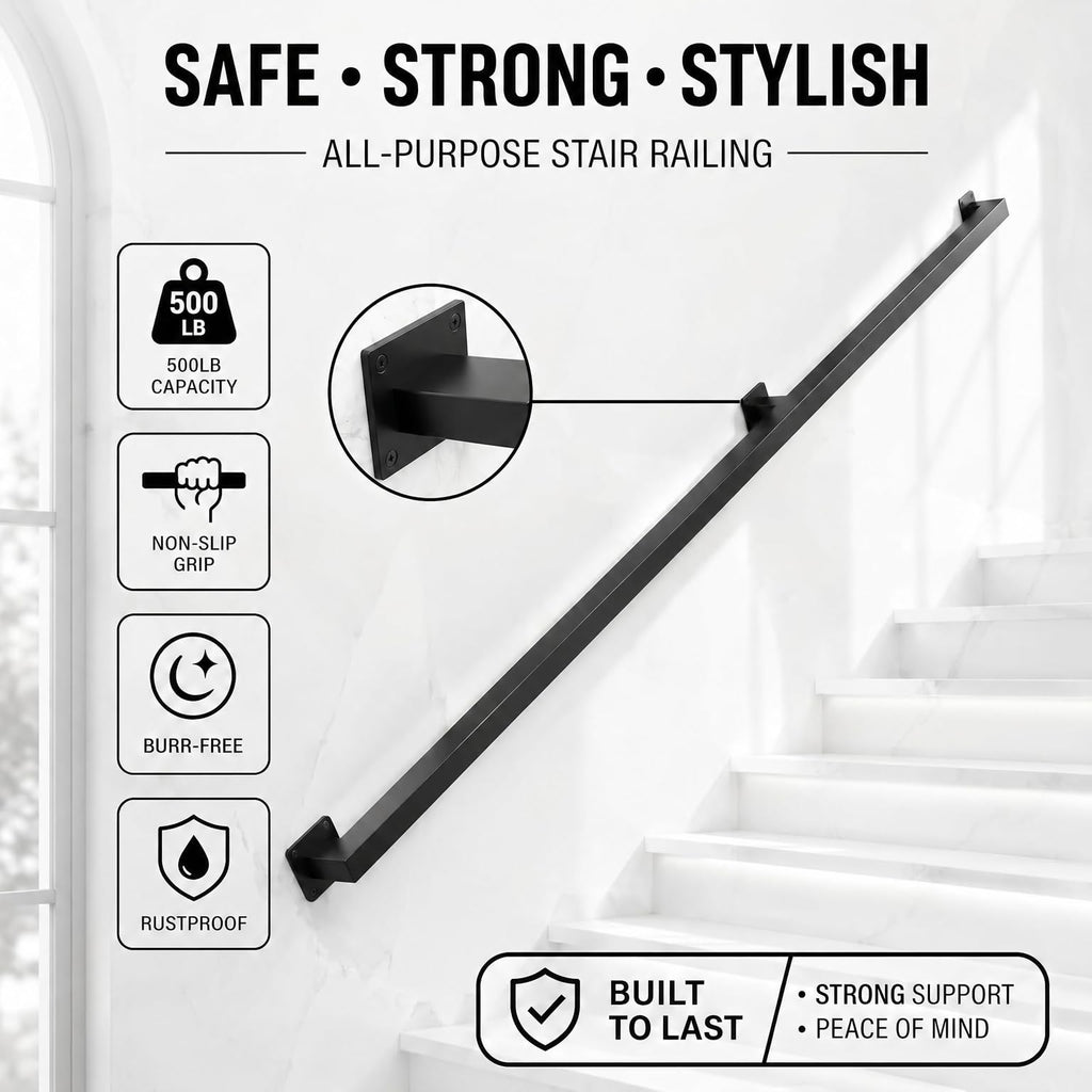 4FT Stair Railing Indoor Outdoor, 500LB Heavy-Duty Wall Mounted Handrail