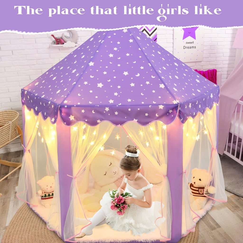 Purple Princess Tent for Girls, Kids Play Tent with LED Small Star Lights, Castle Playhouse Tent for Children Indoor