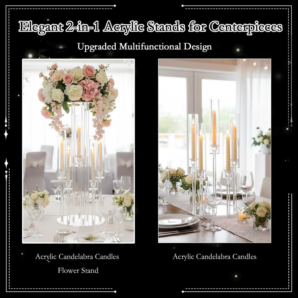 4PCS Acrylic Candelabra Centerpieces for Tables,2-in-1 Clear 5 Arm Candelabras &Flower Stand,Acrylic Centerpieces Stand