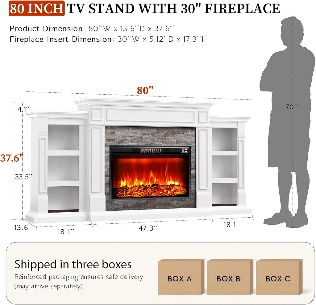 80" Electric Fireplace with Mantel, Fireplace TV Stand for TVs Up to 90 Inch, Modern Entertainment Center with