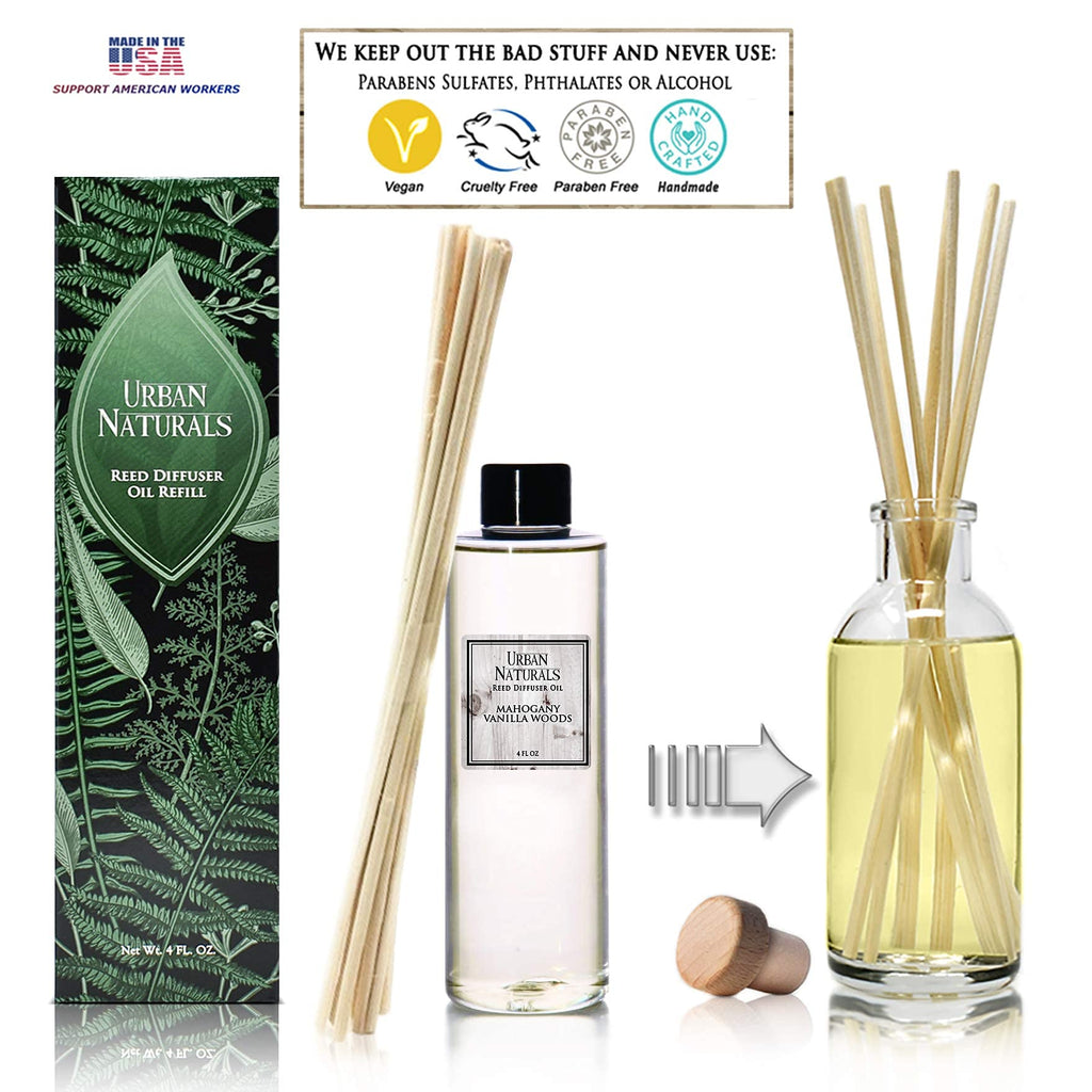 Mahogany Vanilla Woods Scented Oil Reed Diffuser Refill with Free Set of Reed Sticks. Fresh Mahogany, Smoked Vanilla