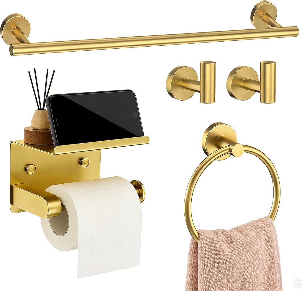 5-Pieces Wall Mount Bathroom Hardware Set,22in Brushed Gold Towel Bar Set | Stainless Steel Waterproof Bathroom