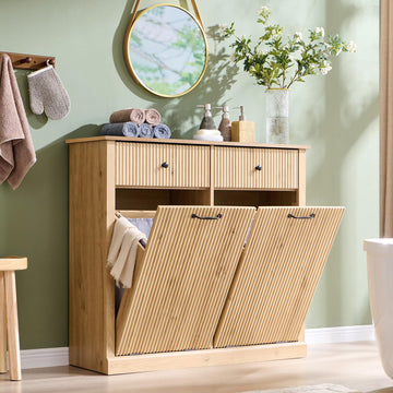 Double Tilt Out Laundry Hamper Cabinet, Modern Trash Cabinet, Natural