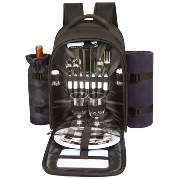 Picnic Backpack for 2 Person with Insulated Cooler Compartment, Wine Holder, Fleece Blanket, Cutlery Set, Engagement