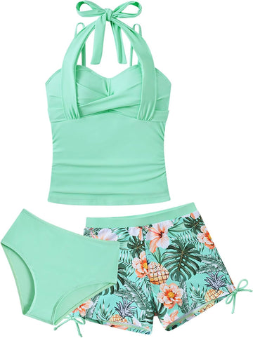 Girls Tankini Swimsuit with Short 3 Piece Halter Adjustable Bathing Suits for Girls