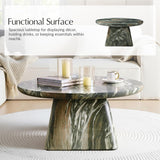 Modern 31.88” Round Coffee Table with Stone-Look Finish and Sculpted Pedestal Base