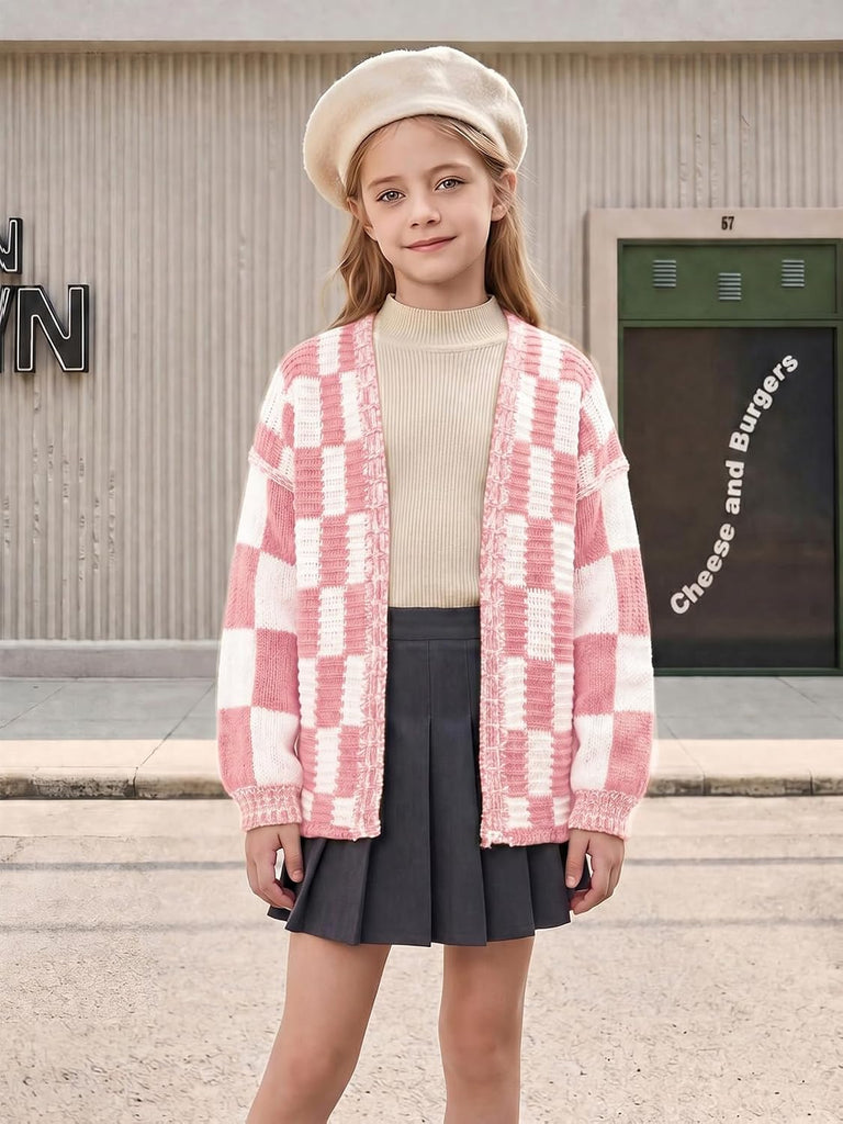 Girls Checkered Cardigan Sweater Open Front Knit Sweaters