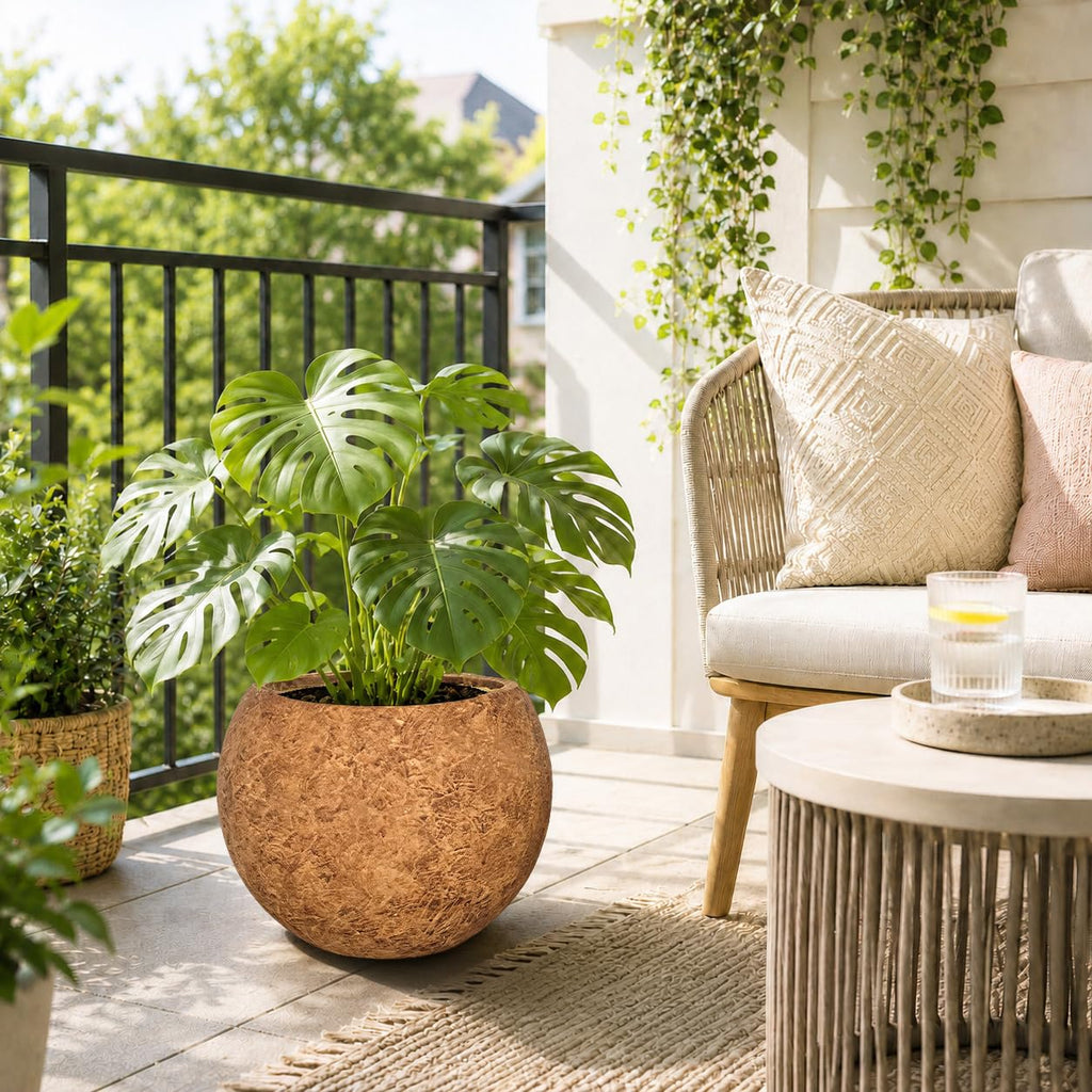 10" H x 14" Dia Round Brown Fiberstone Planter Pot with Drainage Hole, Lightweight UV-Resistant Stone-Look Decorative