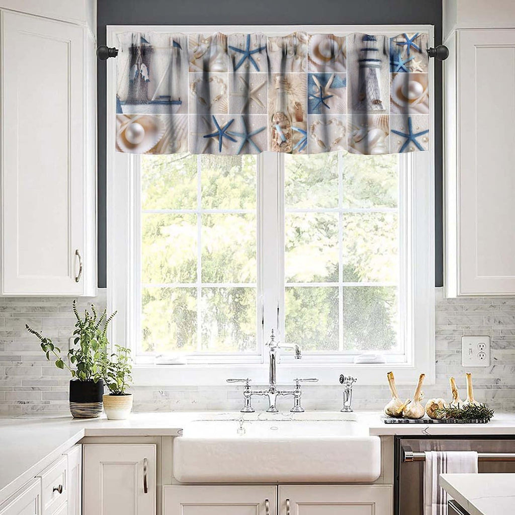 Nautical Valance Curtain Coastal Lighthouse Starfish Collage Plaid Art Printed Window Drapes Kitchen Decor W54xL18in