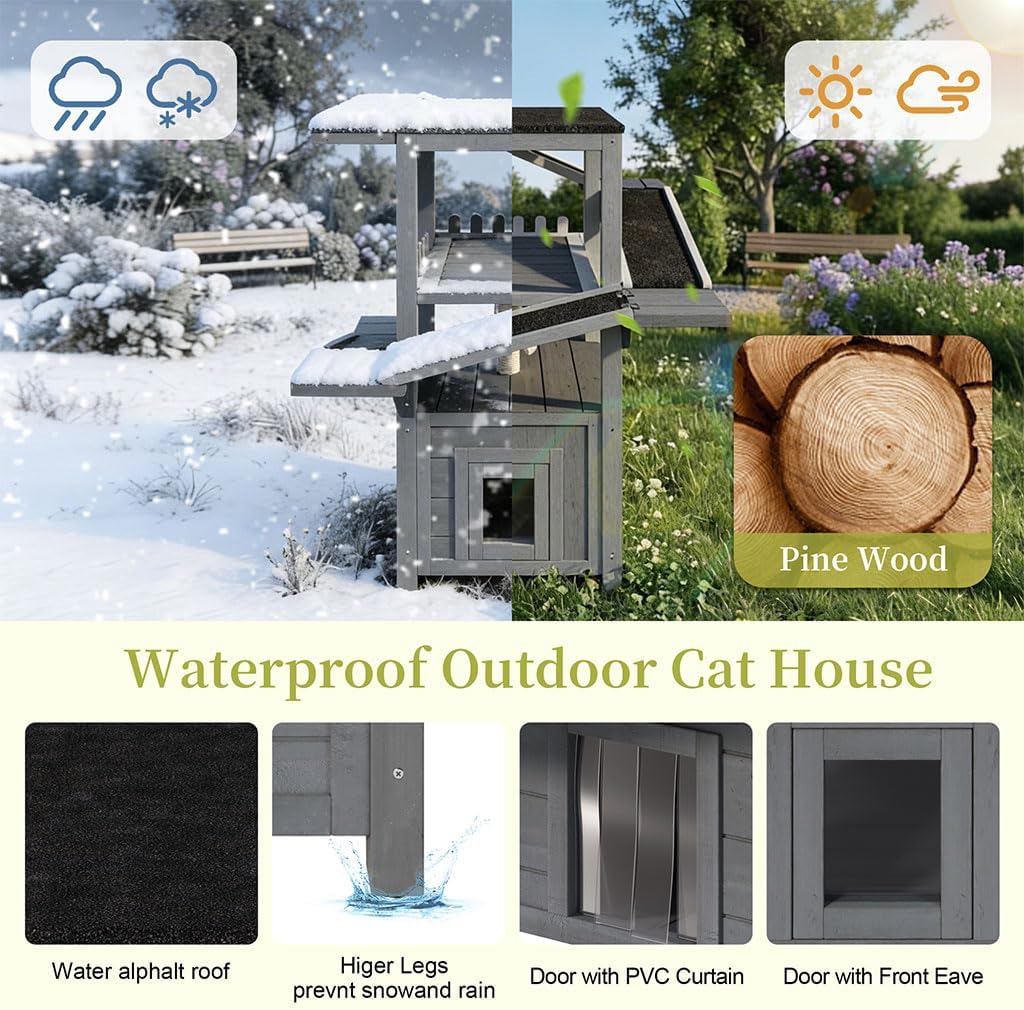 4-Tier Outdoor Cat House Weatherproof Wooden Outside Cat Tree Tower with Ramps, Scratching Post & Enclosed Shelter