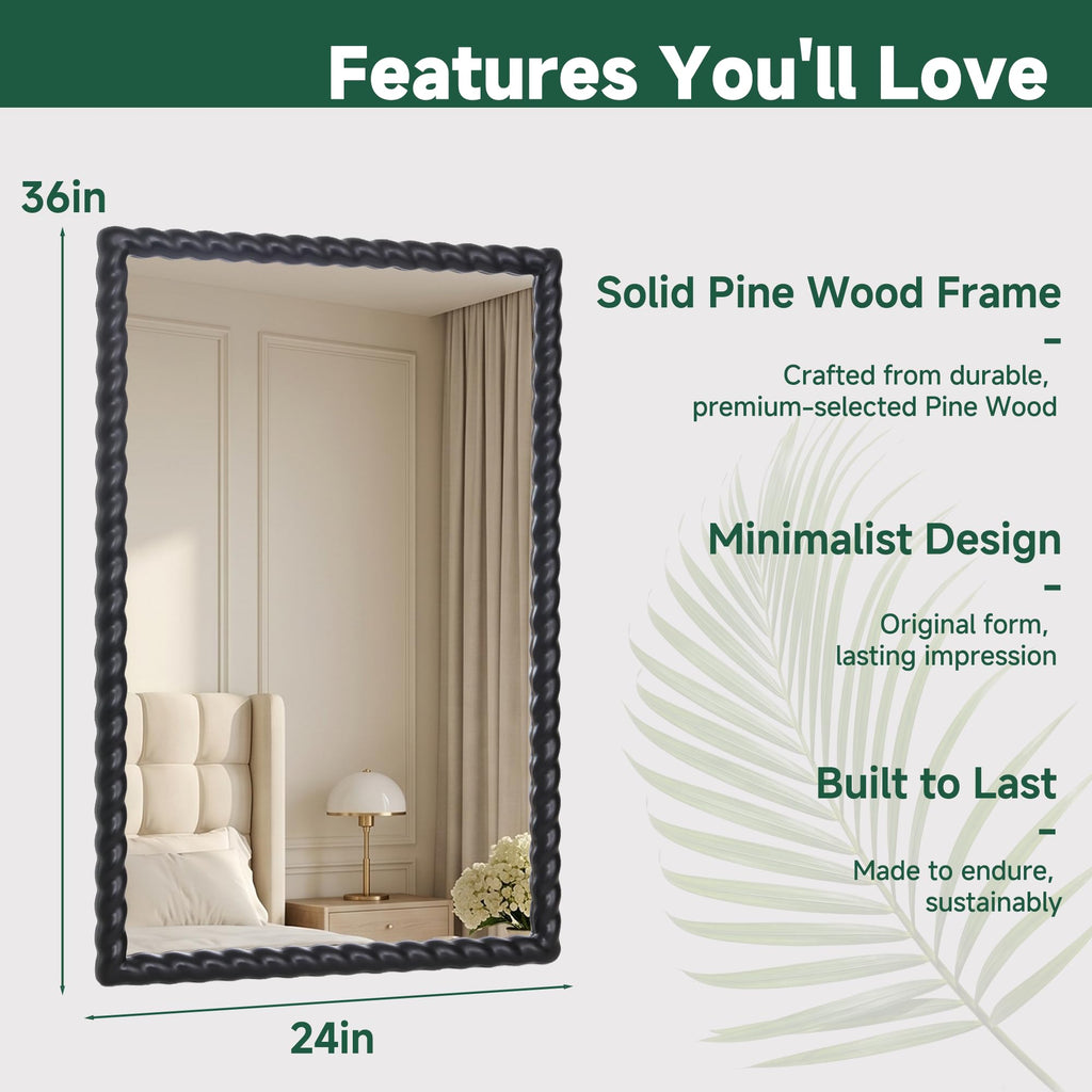 36"x24" Rectangular Solid Wood Farmhouse Decorative Wall Mirror
