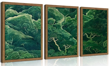 Japanese Nature Forest Wall Art Set of 3, Sage Green Moss Botanical Canvas Wall Decor Paintings, Vintage Mountain