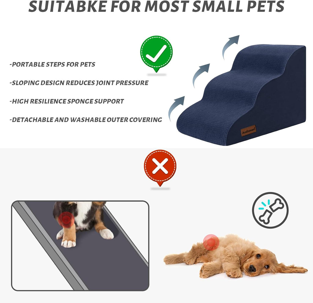 Dog Stairs and Steps for Beds Or Couches, 3-Step Pet Stairs & Steps for Small Dogs and Cats, Soft and Non-Slip Dog
