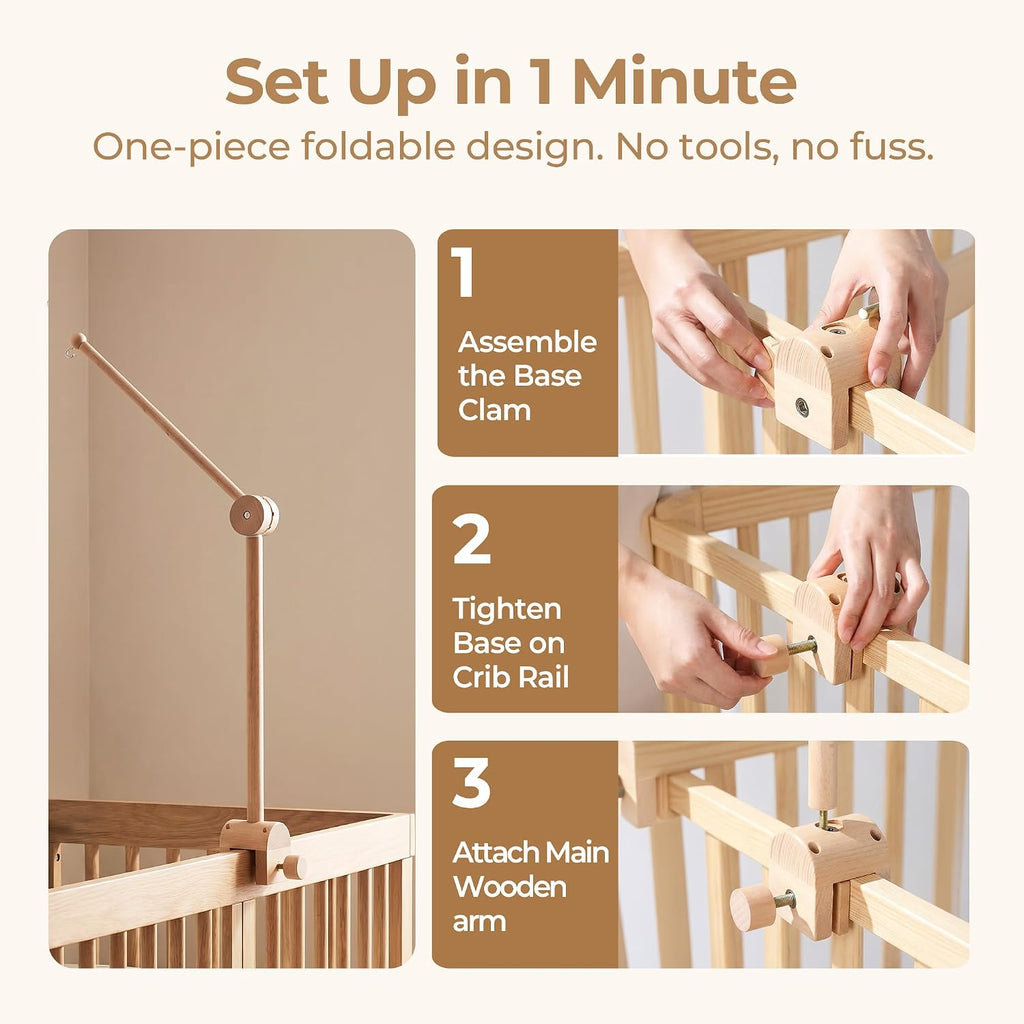 Baby Crib Mobile Arm - Wooden Baby Mobile Crib Holder Height Adjustable for Hanging Baby Crib Attachment Decor