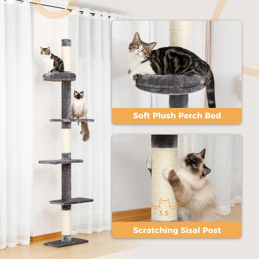 5-Tier Floor to Ceiling Cat Tree, 95-107In Tall Cat Tower Grey