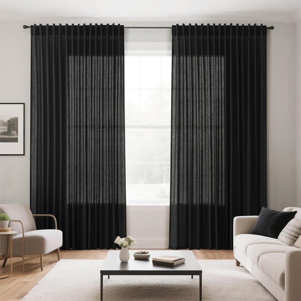 Black Linen Curtains 84 inches Long 2 Panels Back Tab Light Filtering Privacy Sheer Black Curtains Muslin Look Modern