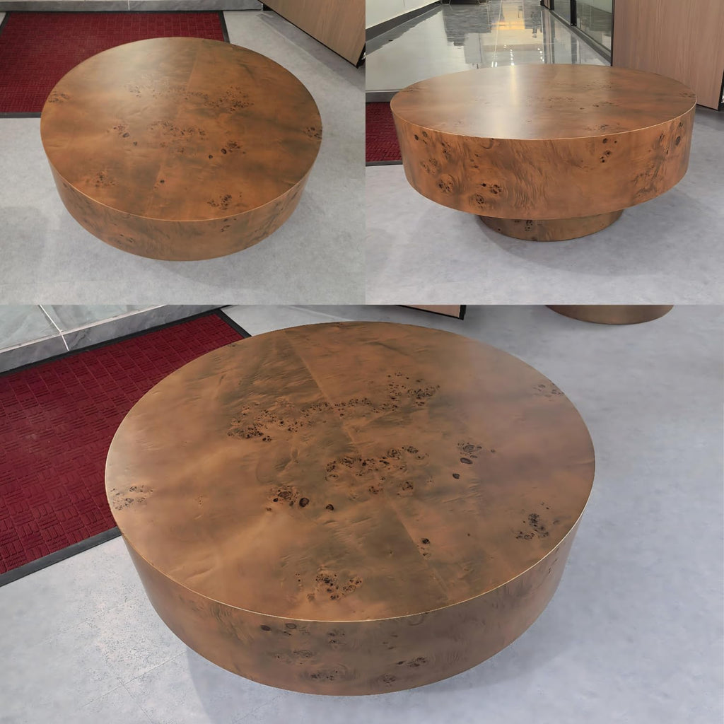 Round Coffee Table Wood, Modern Drum Burl Low Short Coffee Tables 31.49" W X 13.77''h Mid Century Wooden Pedestal
