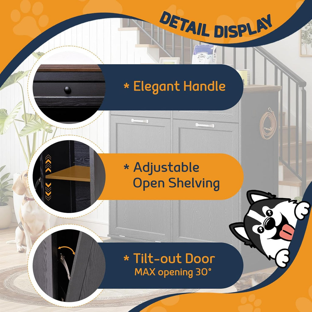 Double Door Dog Feeding Station with Storage, 10 Gallons Tilt Out Trash Can Cabinet, Dog Food Cabinet with Dog Bowls