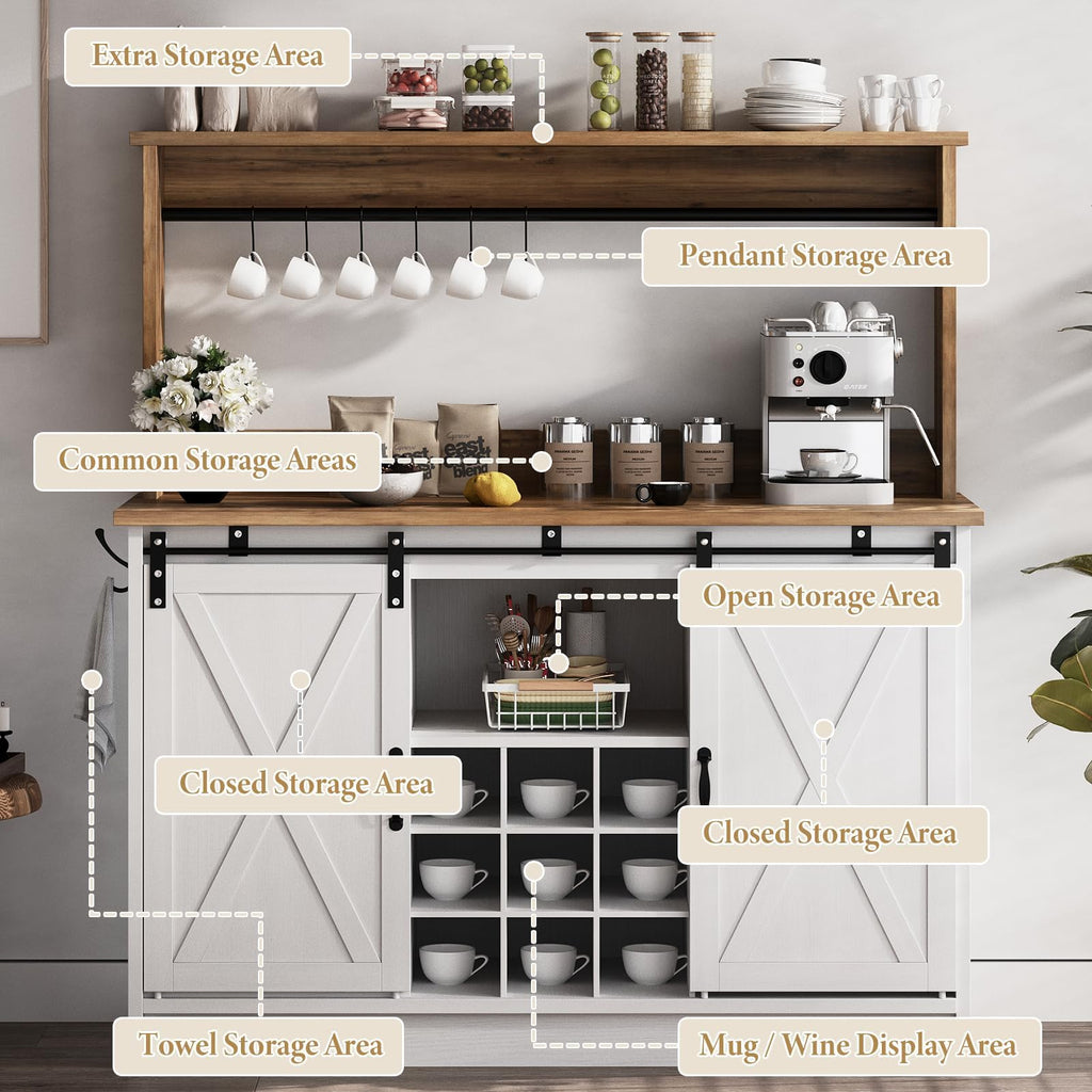 47" Farmhouse Coffee Bar Cabinet with Storage Hutch, White