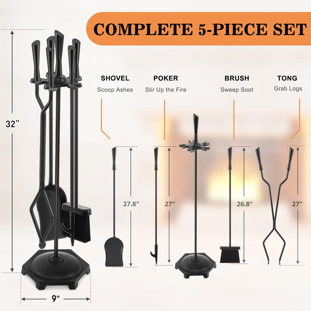 5 Pcs Fireplace Tools Set 32" Black Wrought Iron Large Fire Tool Set for Outdoor/Indoor Include Chimney Poker, Rustic