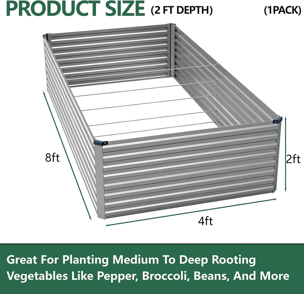 8x4x2ft Galvanized Raised Garden Bed,Metal Raised Beds Kit Silver | 2FT Deep Root Elevated Garden Planter Box