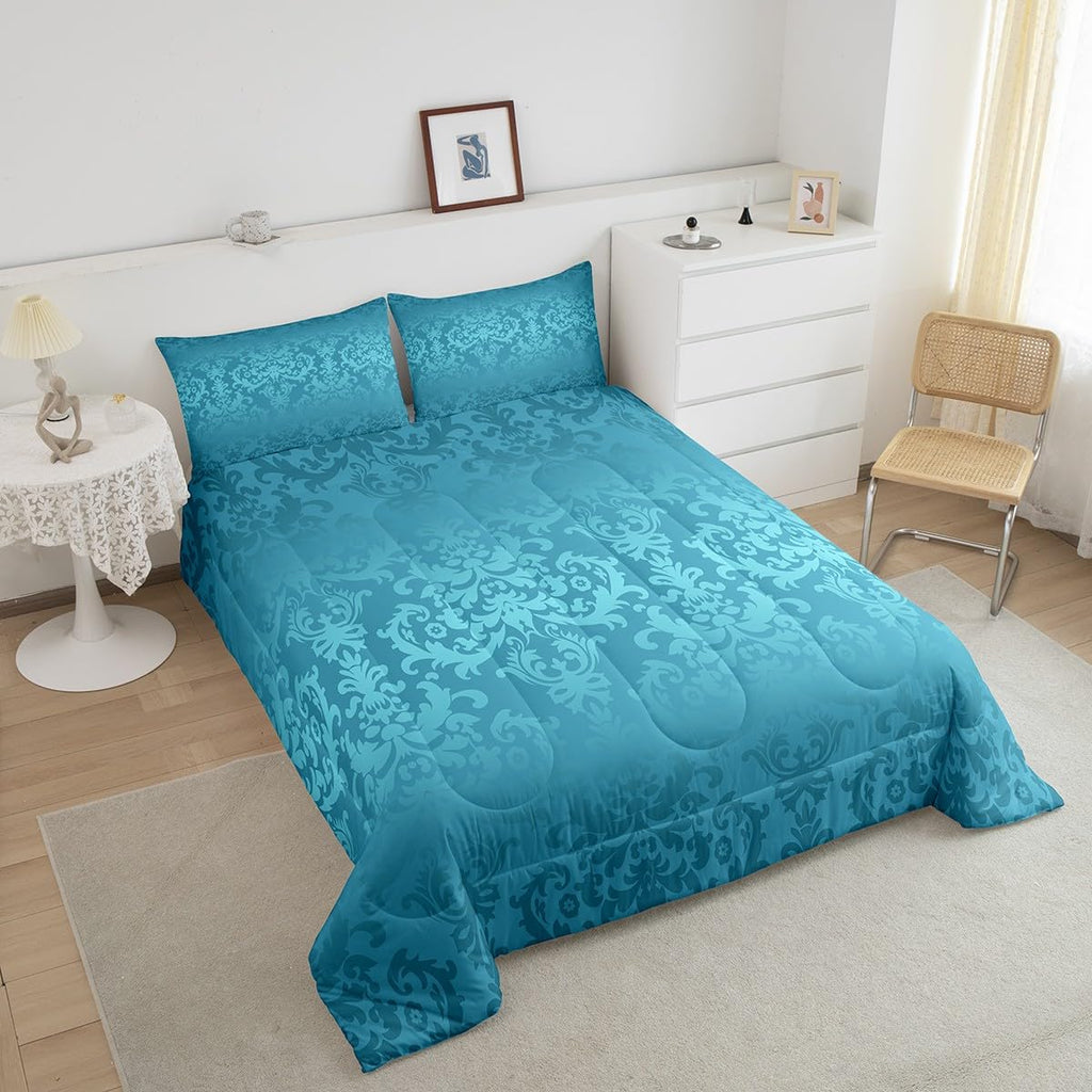 Lake Blue Quilt Bedding Set, Bohemian Paisley Damask Full Comforter Sets for Men Women Victorian Baroque Gothic Floral