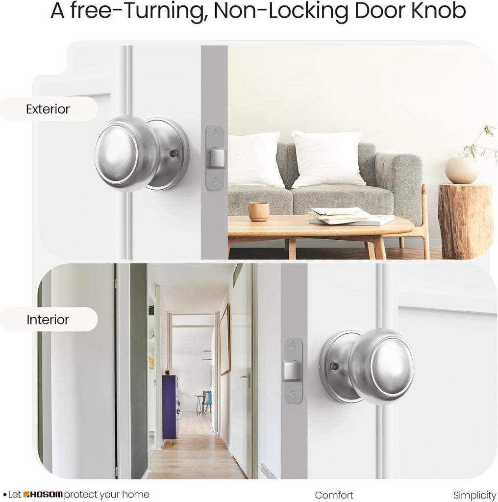 6 Pack Passage Door Knob, Satin Nickel Door Knobs Keyless Doorknobs for Interior Doors, Hallway, Closet and More, No