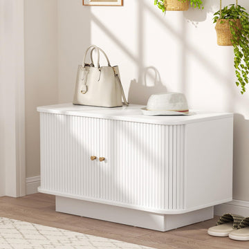 Fluted Entryway Bench with Shoe Storage, 31" W Small Shoe Bench with Sliding Door, Mud Room Benches with Seat