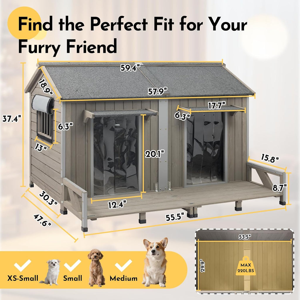 59''L Extra Large Dog House with 2 Doors, Wooden XL Dog House Outdoor Weatherproof with Chew-Proof Iron Frame