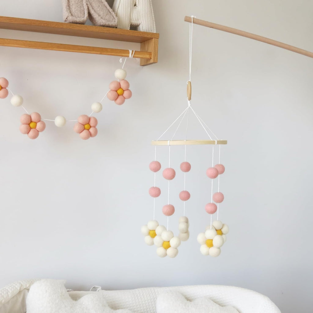 Daisy Mobile for Crib Boho Baby Crib Mobile for Girls Pink Felt Flower Baby Mobile for Crib