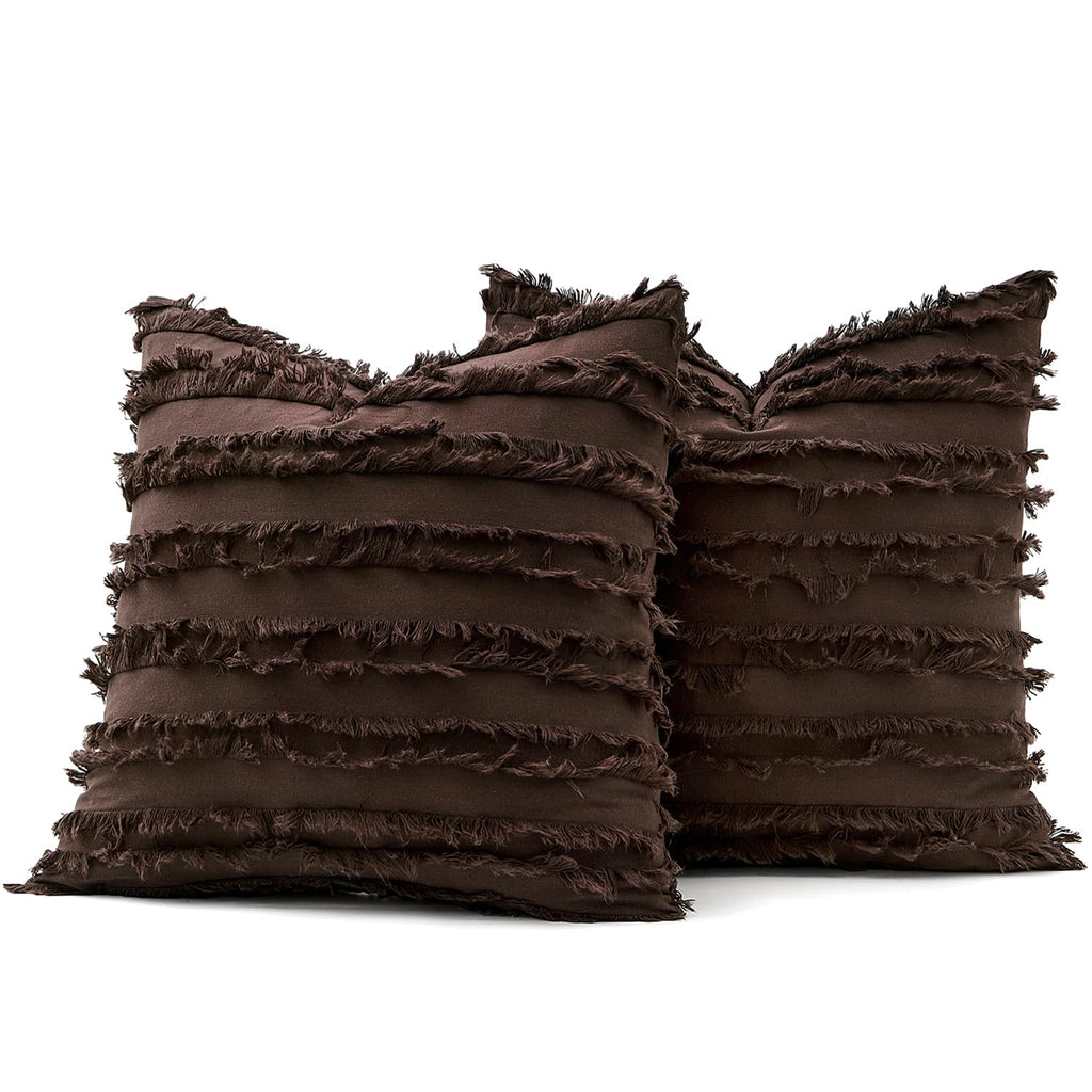 Boho Linen Striped Throw Pillow Covers 18x18, Dark Brown