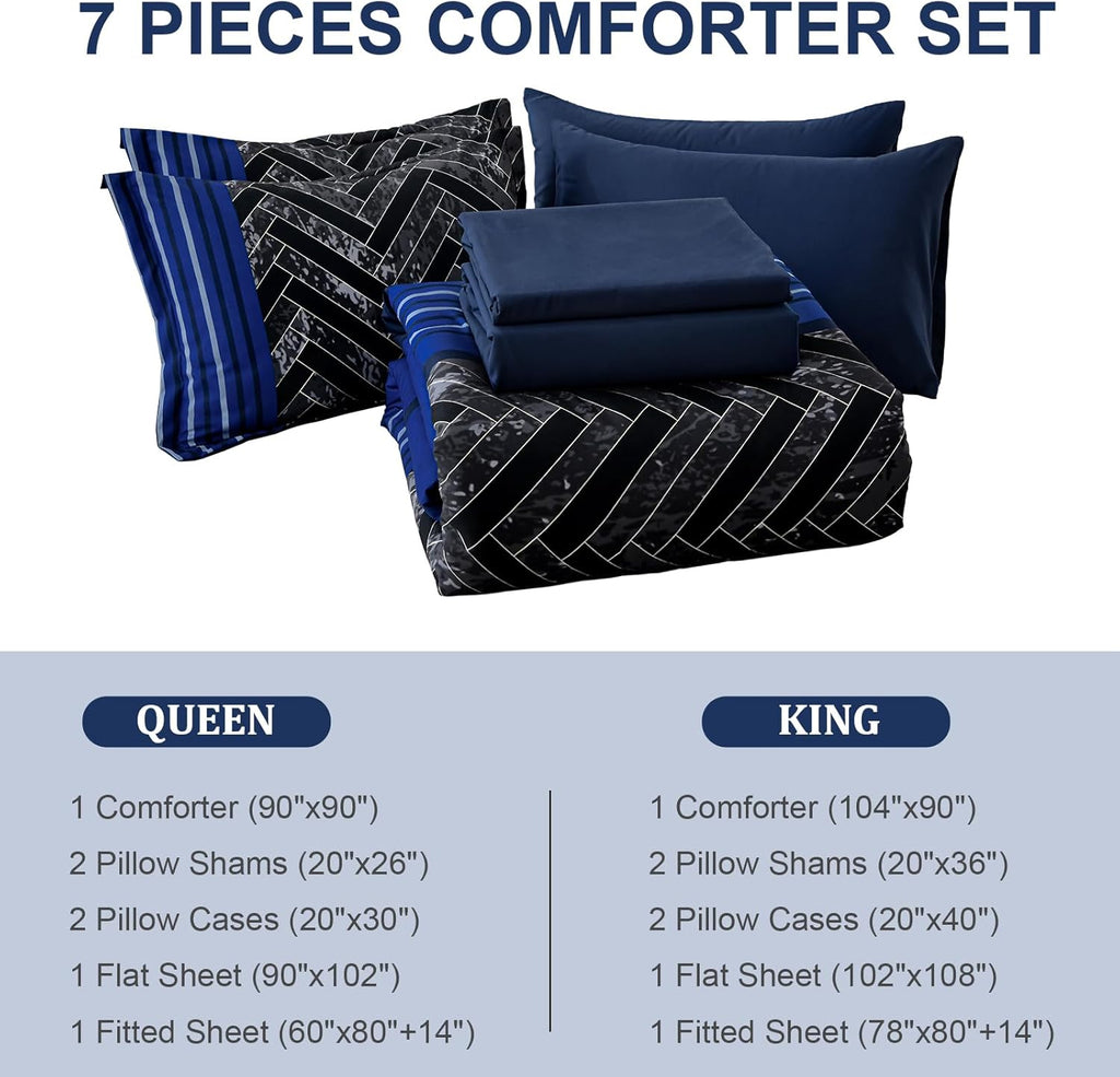 Luxudecor Blue Comforter Set Queen, 7 Pieces Stripe Geometric Bed in a Bag, Geometric Comforter and Sheet Set