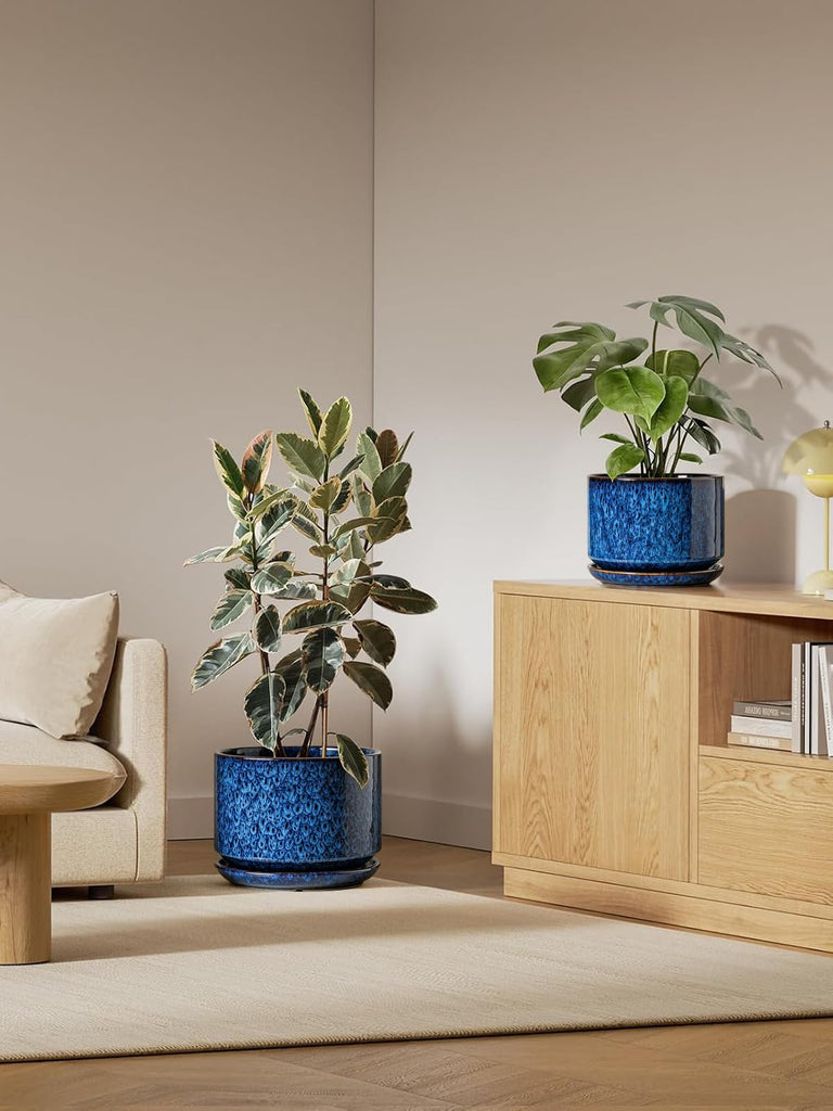 10 + 12 Inch Ceramic Plant Pots, Set of 2, Obsidian Blue