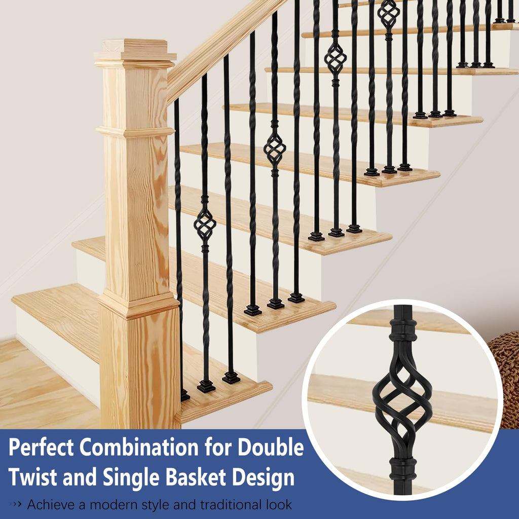 9 Pack Iron Stair Balusters, 36" Balusters for Staircase Interior, Stair Spindles Hollow Single Basket with Knuckles