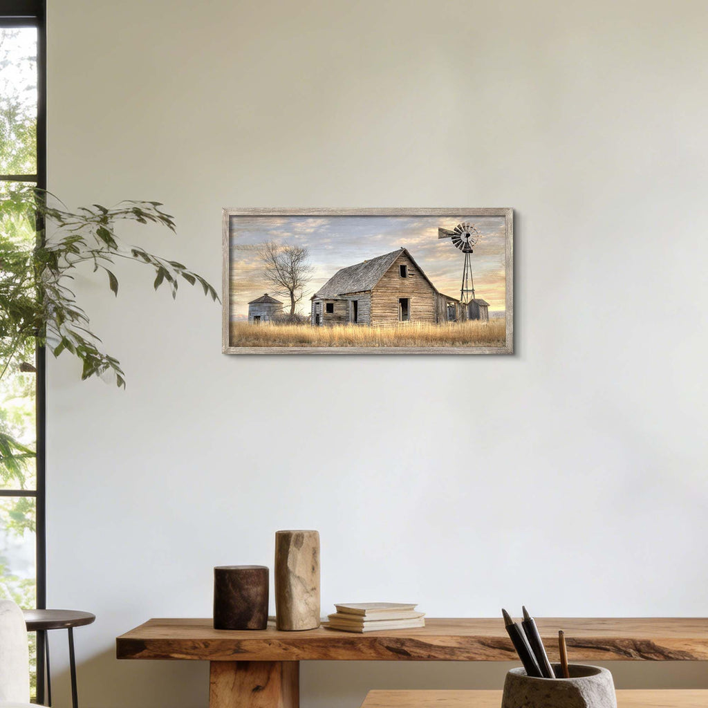 Rustic Autumn Windmill Farmhouse Wood Framed Wall Art 24x12 Inch