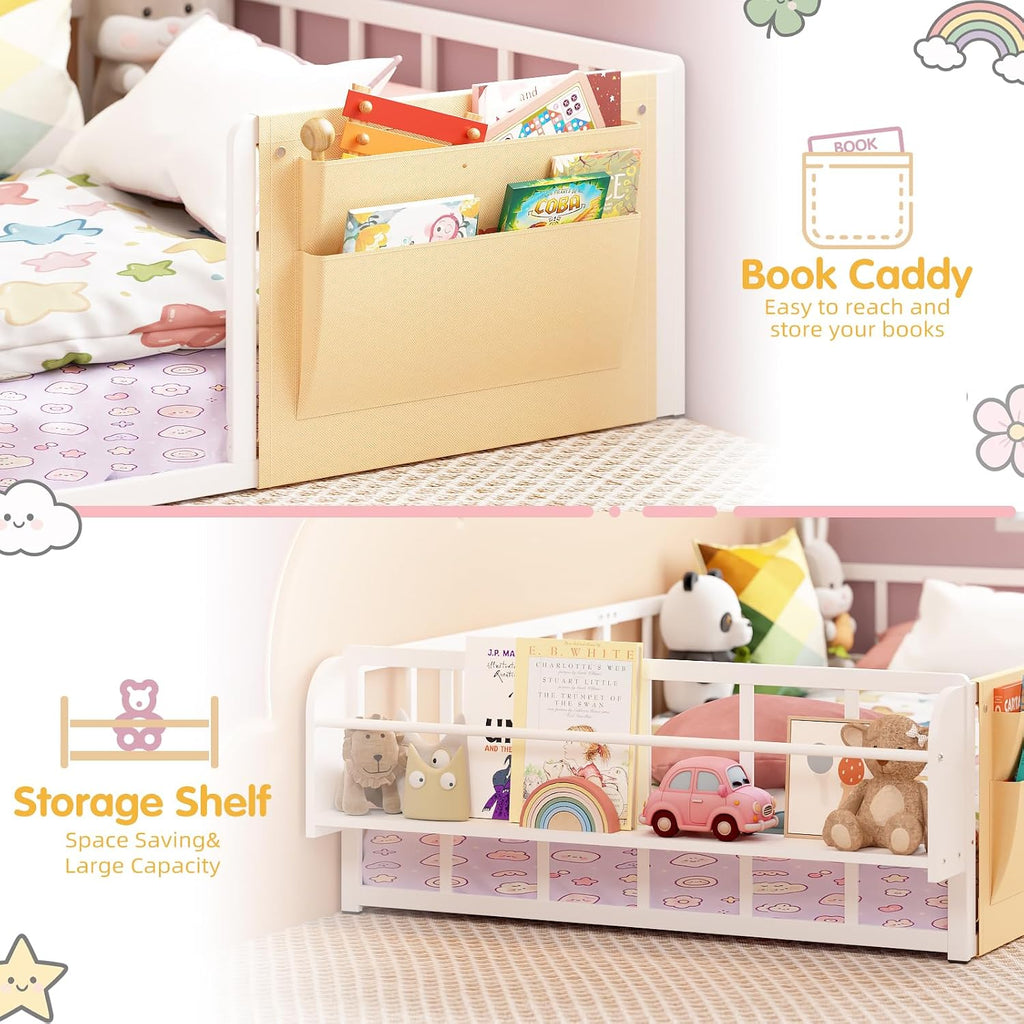 Floor Bed for Kids with Safety Guardrails, Montessori Bed White