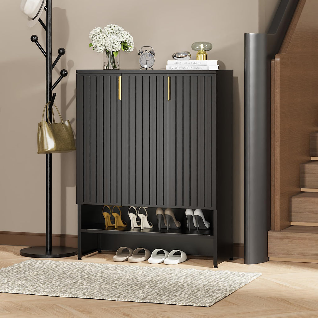 Metal Shoe Cabinet with Doors, 47''Tall 6-Tier Shoe Storage Cabinet with Adjustable Shelves and Fluted Doors, Shoe