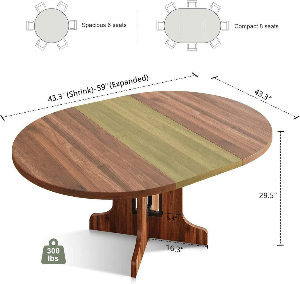 59" Round Extendable Dining Room Table for 4-6, Modern Oval Kitchen Table with Heavy Duty Wood Base, Metal Frame