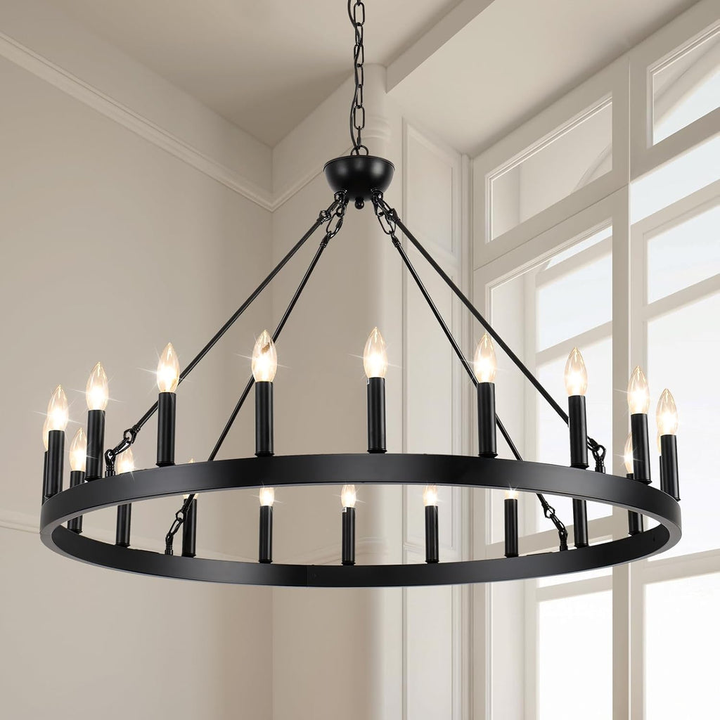 Wagon Wheel Chandeliers 40Ò 20-Light, Black Modern Farmhouse Chandelier with Adjustable Height, Hanging Island Light Fixture for Dining Living Ceiling Room Outdoor A105-B0CGZQTMNP