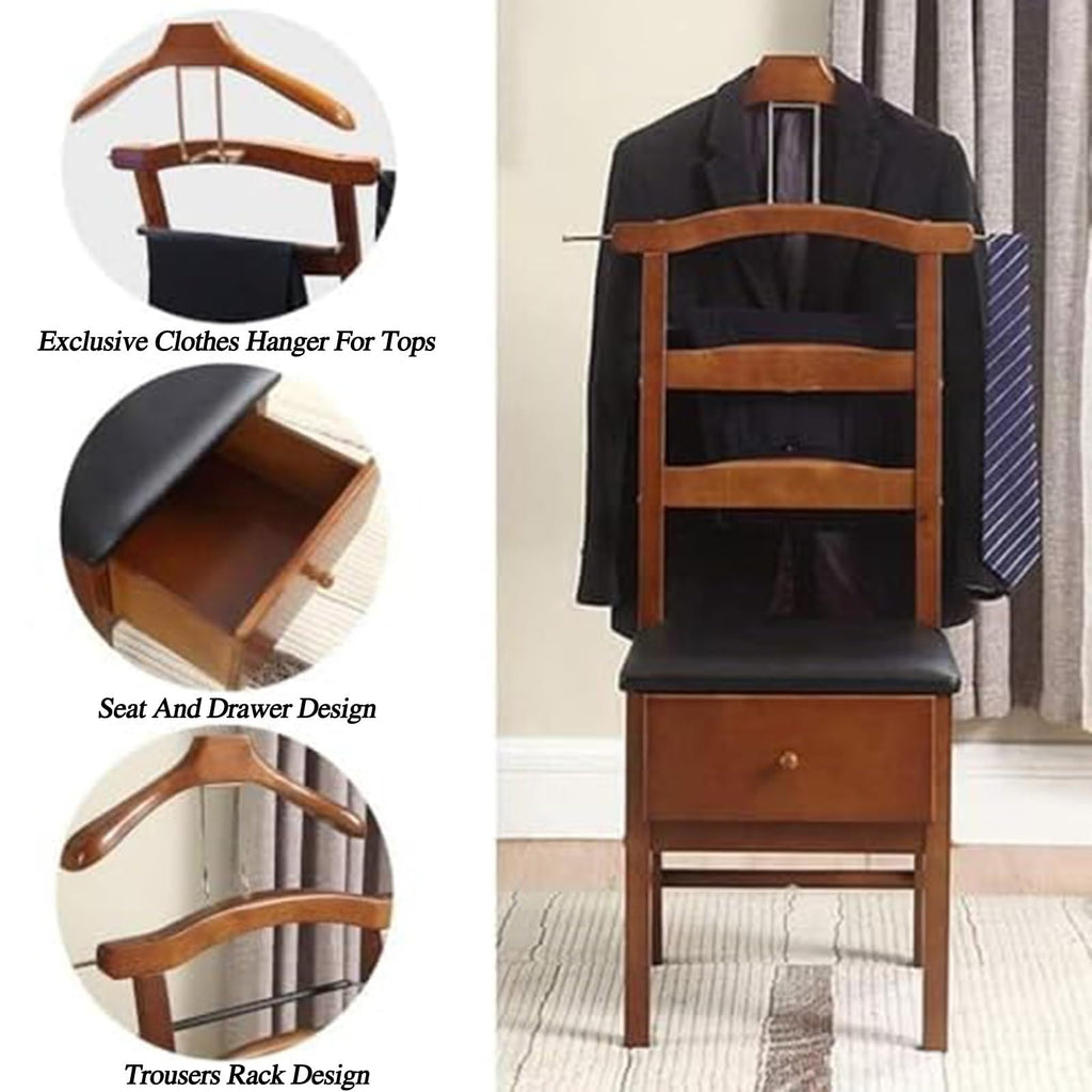 Wooden Valet Chair with Drawer, Suit Rack, Trouser Holder, Freestanding Clothes Organizer for Men and Women