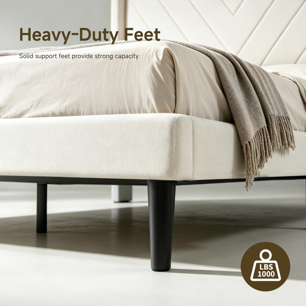 Upholstered Platform Bed Frame, Queen, White, Faux Leather, Button Tufted Headboard with Nailhead Trim, No Box Spring