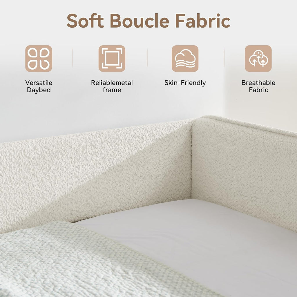 Twin Size Daybed with Pop Up Trundle, Boucle Upholstered Daybed with Trundle, Twin Size Sofa Bed with Tufted Design
