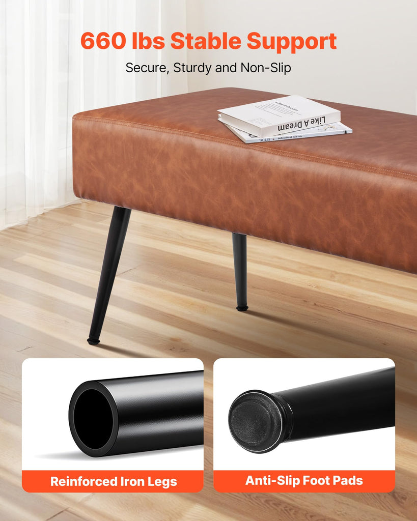 Leather Bedroom Bench, PU Leather Bench with Metal Legs and with Stitching, Upholstered Shoe Bench Seat, Modern End