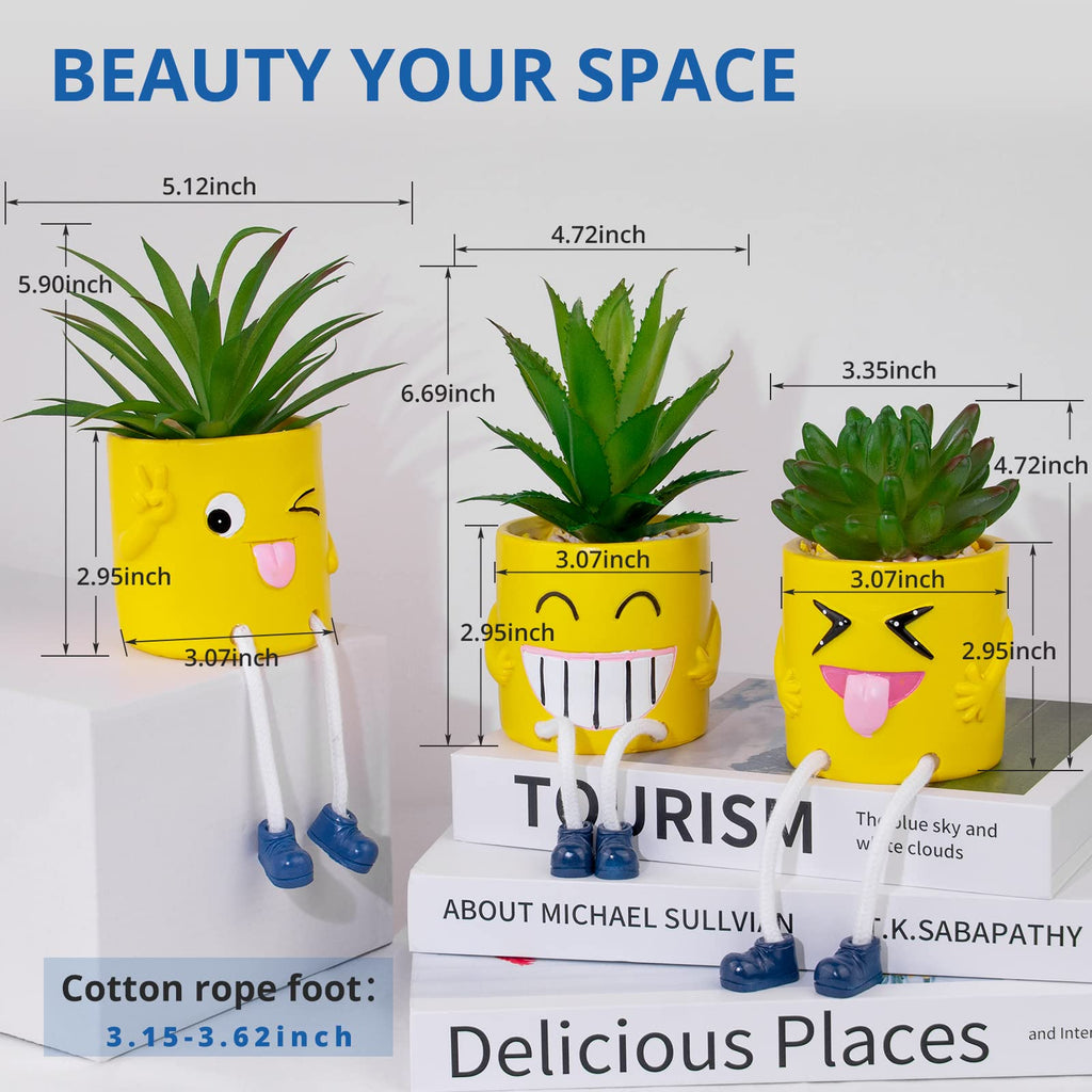 3Pcs Cute Fake Plants Small Potted Succulents with Yellow Pot, Creative Artificial Succulent Plants in Hanging Leg