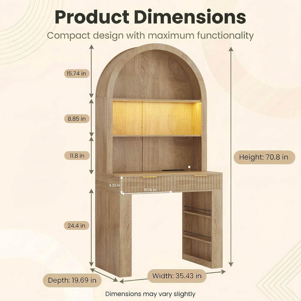 Arched Desk, Computer Desk with 2 Drawers & Hutch, Wood Writing Desk with Power Outlets, 3 Color LED Lights